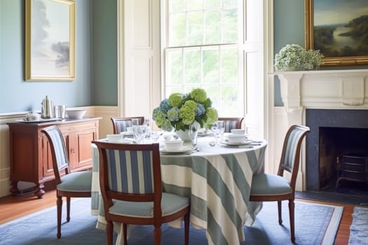 Dining room decor, interior design and house improvement, elegant table with chairs, furniture and classic blue home decor, country cottage style idea