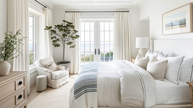 White coastal cottage bedroom decor, interior design and home decor, bed with elegant bedding and bespoke furniture, English country house and holiday rental