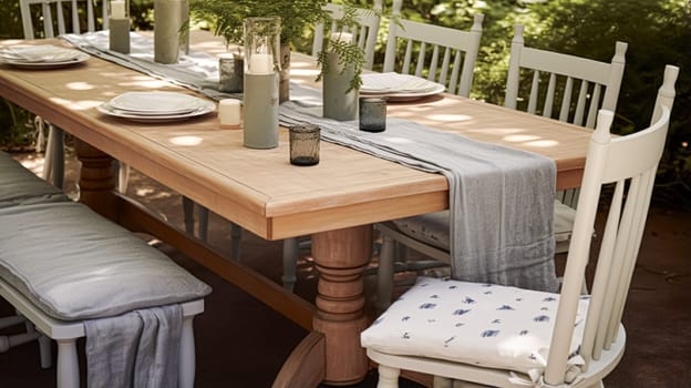 Farmhouse outdoor dining furniture, interior design and garden, wooden table with chairs, furniture and home decor, country cottage style interiors