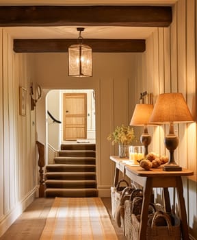 Autumnal hallway decor, interior design and house decoration, welcoming autumn entryway furniture, stairway and entrance hall home decor in an English country house and cottage style idea