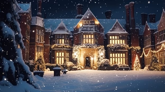 Christmas in the countryside manor, English country house mansion decorated for holidays on a snowy winter evening with snow and holiday lights, Merry Christmas and Happy Holidays design