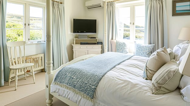 White coastal cottage bedroom decor, interior design and home decor, bed with elegant bedding and bespoke furniture, English country house and holiday rental