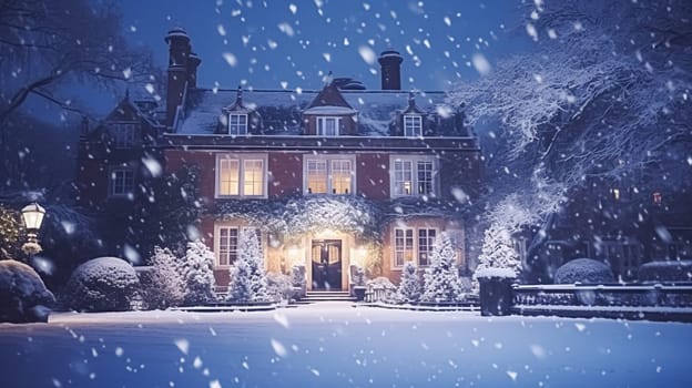 Christmas in the countryside manor, English country house mansion decorated for holidays on a snowy winter evening with snow and holiday lights, Merry Christmas and Happy Holidays design