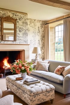 Neutral cottage sitting room with fireplace, living room interior design and country house home decor, sofa and lounge furniture, English countryside style interiors