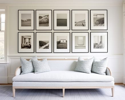Minimalistic gallery wall, wall art, home decor and framed art in the English country house interior, room for diy printable artwork mockup and print shop sale