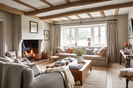 Modern cottage sitting room with fireplace, living room interior design and country house home decor, sofa and lounge furniture, English countryside style interiors