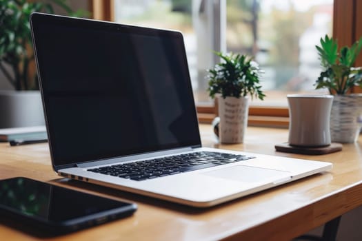 A working desk featuring minimalist design elements, Workspace with desk, Concept Office Decoration.