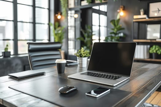 A working desk featuring minimalist design elements, Workspace with desk, Concept Office Decoration.