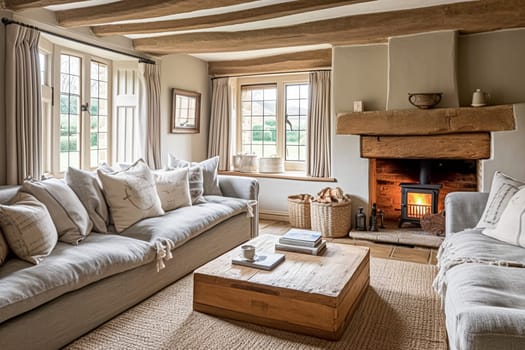 Cottage interior with modern design and antique furniture, home decor, sitting room and living room, sofa and fireplace in English country house and countryside style interiors