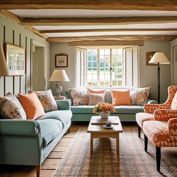 Country cottage lounge decor, sitting room and Cotswolds style interior design, living room furniture, sofa and home decor in elegant English country house style, post-processed, generative ai