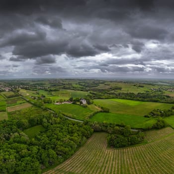 Aerial view of Bordeaux vineyard at spring under cloudy sky, Rions, Gironde, France. High quality photo