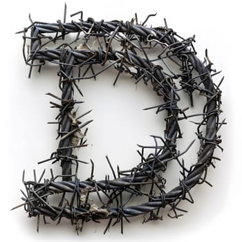 The letter D is crafted out of barbed wire, resembling a branch or twig. It stands out against a white background, like a unique Christmas decoration made from natural materials
