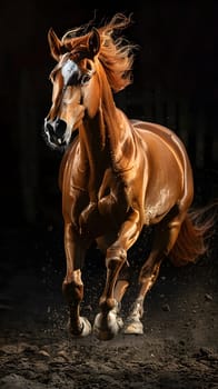 A sorrel horse with a flowing mane is galloping in a dimly lit stable. It is a working animal often used as a pack animal or for events