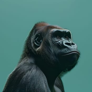 A closeup photo of a Primate, specifically a Common chimpanzee, showing its detailed facial features including its snout, wrinkles, and fur, set against a lush green background in a wildlife setting