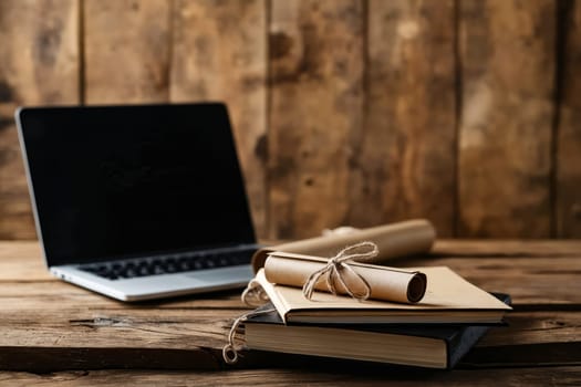 Laptop and books on wooden table. Generative AI.
