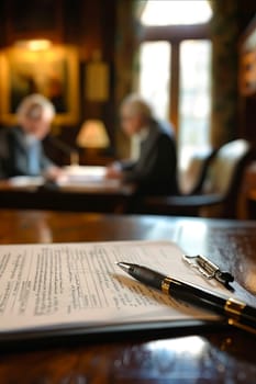 A man and a woman are sitting at a table with a pen and a piece of paper. The scene suggests a moment of collaboration or discussion between the two people. Generative AI