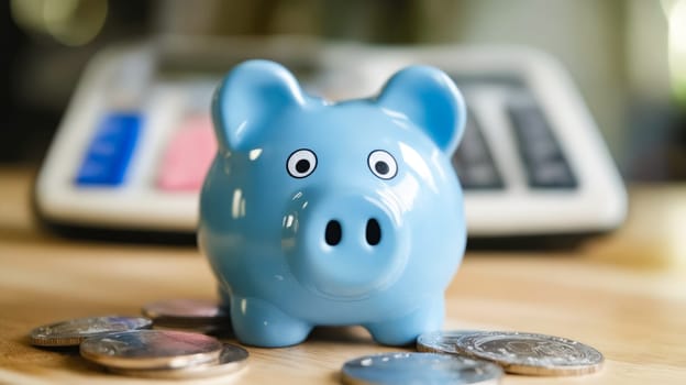 Blue piggy bank sits on top of coins. Generative AI.