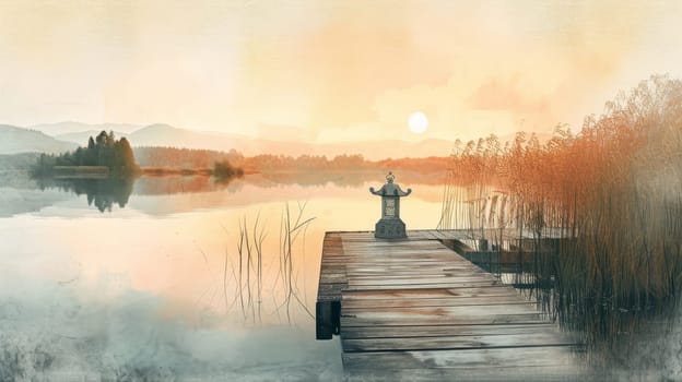 Atmospheric sunrise over a misty lake viewed from a wooden jetty with an ornate lantern, symbolizing hope and tranquility