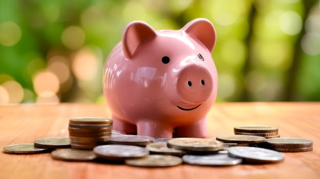 Piggy bank sitting on top of coins. Generative AI.