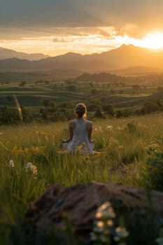 Individual meditating in a lotus position on a mountain at sunset, surrounded by the warm glow of the sun