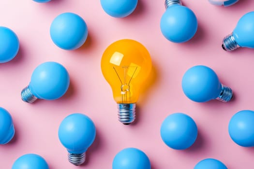 Light bulb is surrounded by blue eggs. Generative AI.
