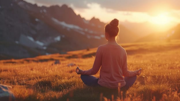 Individual meditating in a lotus position on a mountain at sunset, surrounded by the warm glow of the sun