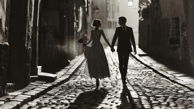 Silhouette of a newlywed couple holding hands, walking on a cobblestone street, with their shadows cast by the setting sun