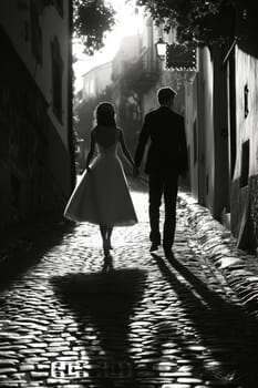 Black and white image of bride and groom holding hands and walking on a cobblestone street, capturing a moment of marital bliss