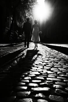 Silhouette of a couple walking hand in hand down a cobblestone alley at dusk, emanating romantic atmosphere