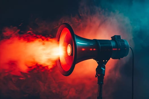 A red and orange microphone is blowing smoke. The smoke is coming out of the microphone and is filling the room. Generative AI