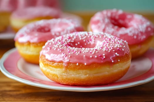 Pink glazed donuts on plate. Generative AI.