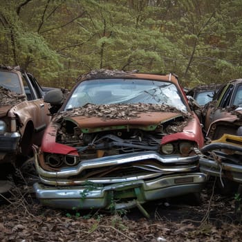 Old and rusted cars abandoned in the woods, slowly being reclaimed by nature