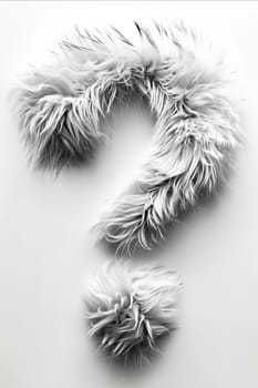 A fuzzy white question mark made of fur. The fur is curled up and twisted, and it looks like it's made of hair. Generative AI