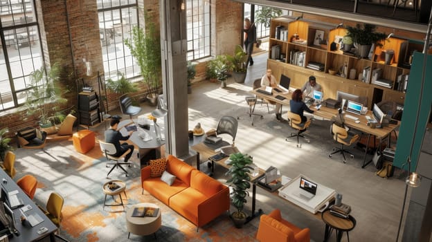 Overhead view of a vibrant co-working space with individuals engaged in various activities, surrounded by modern furniture and green plants