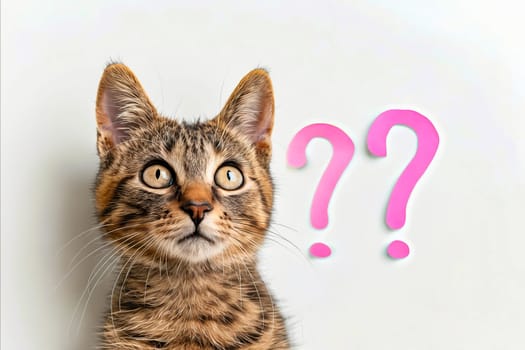A cat is staring at the camera with a pink question mark behind it. Concept of curiosity and wonder, as the cat seems to be pondering the question posed by the question mark. Generative AI
