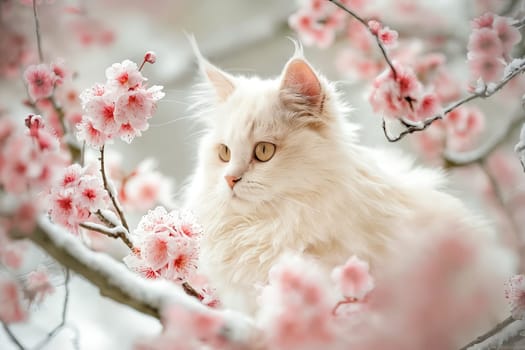 White cat sitting in cherry blossom tree. Generative AI.