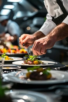 Chef garnishing a dish with finesse in a professional kitchen, focus on the artistic presentation of food