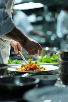 Chef meticulously plating a dish with precision in a professional kitchen highlighting the focus on fine dining