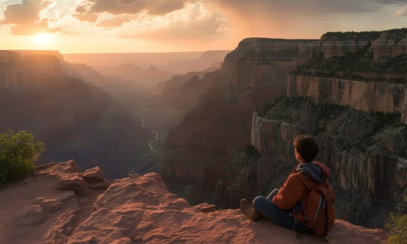 Spectator sitting on the edge of the Grand Canyon during sunset, with expansive views of the geological formations