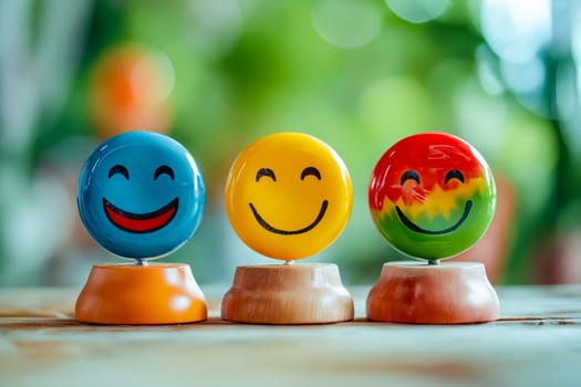 Three colorful smiley face balls on wooden table. Generative AI.
