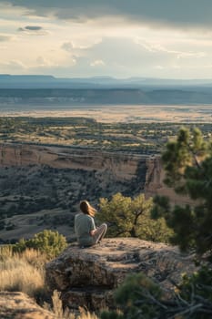 Lone individual perched on a cliff edge overlooking a forested valley during a golden sunrise