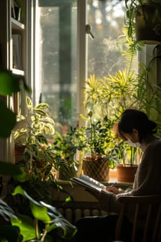 Person writing in a notebook surrounded by vibrant indoor plants, with sunlight streaming through the window