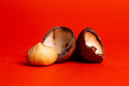 open macadamia nut close-up on a red background.