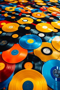 Large pile of colorful vinyl records. Generative AI.