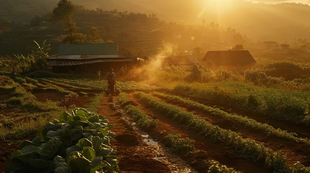 Farmer walking through vegetable patches on a hillside farm at sunrise, with golden light spilling over the scene