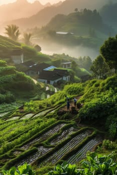 Farmers working the land during sunrise, with rays of light piercing through the mountainous backdrop on a lush farm