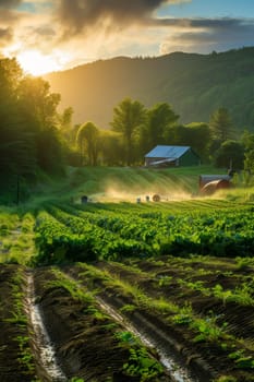 Farmers working the land during sunrise, with rays of light piercing through the mountainous backdrop on a lush farm