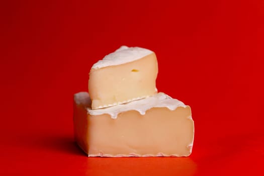 cheese with white mold on a red background close-up.