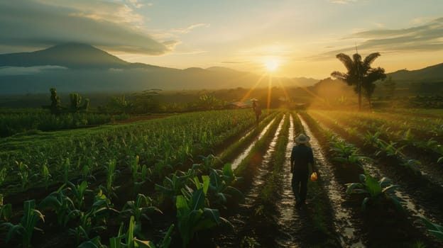 Farmers working the land during sunrise, with rays of light piercing through the mountainous backdrop on a lush farm