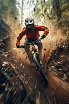 Mountain biker in action, speeding down a dirt trail in a sun-dappled forest, showcasing dynamic motion and sport